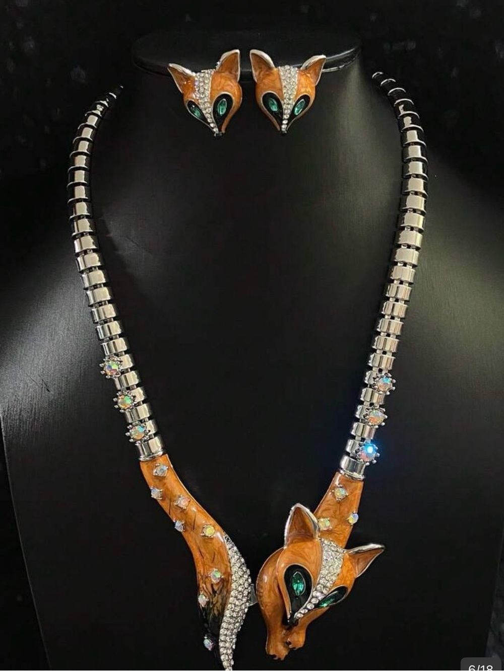 NWT Orange and Green Fox Pendant Necklace with Silver Accents, Statement Jewelry